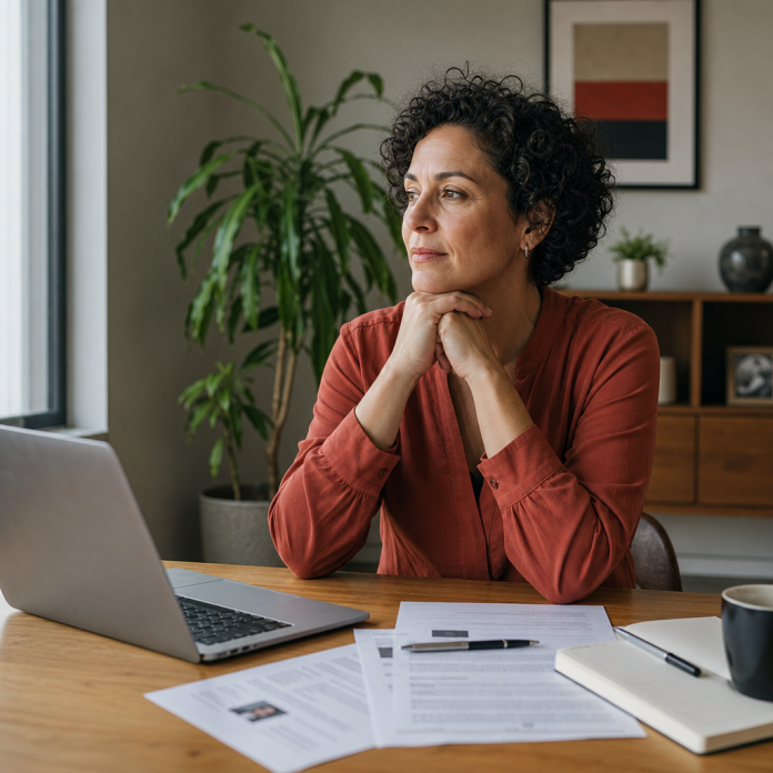Woman taking a thoughtful break during a job search