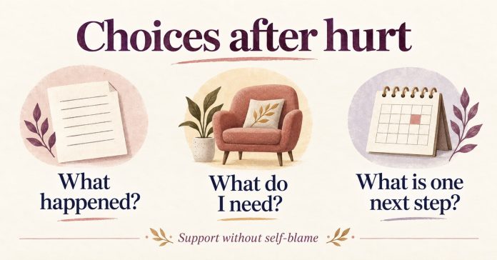 Three prompts for choices after hurt Three-part reflection guide: What happened? What do I need? What is one next step? Footer: Support without self-blame.