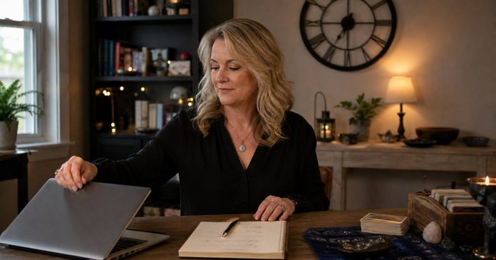 Psychic professional ending the workday with clear notes and a closed laptop