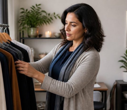Dressing With Intention: A Grounded Psychic’s Wardrobe Guide Psychic reader choosing comfortable professional clothing from a simple wardrobe