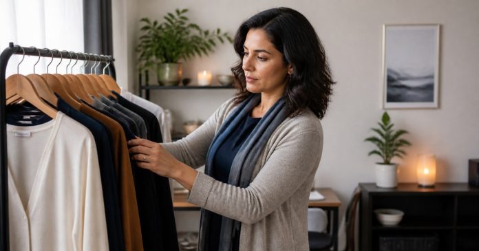 Psychic reader choosing comfortable professional clothing from a simple wardrobe