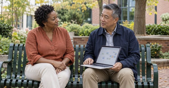 Sharing availability in a courtyard Two adults in their forties and fifties reviewing a laptop calendar together on a courtyard bench.