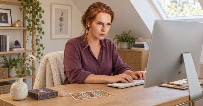 ai-psychic-disclosure-distinct-model-20261014 A psychic reader checking text at a desktop computer with tarot cards and rose quartz beside her.