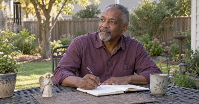A man writing a reflection in his modest backyard beside a small angel figurine.
