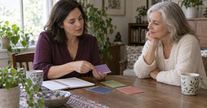 Two women discussing ordinary color swatches at a modest home table