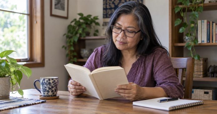 Reading about Buddhist meditation at home Woman with glasses reading a plain book at a modest home table.
