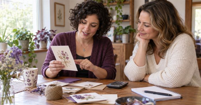 Two women discussing a handmade card sample and materials at a home table