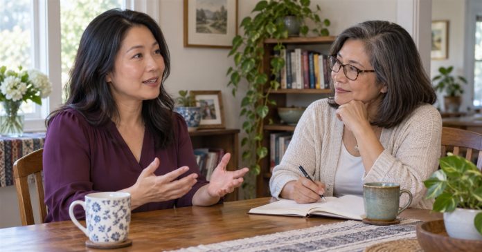 Practicing a career conversation at home Woman practicing a work conversation with an older friend at a home table.