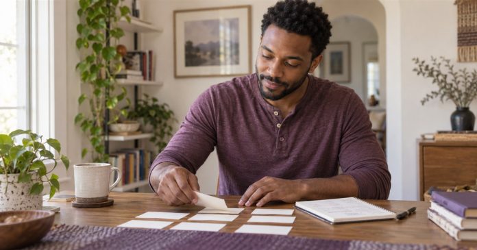 Exploring a career through a small project Man arranging cards and writing notes for a small project at a home table