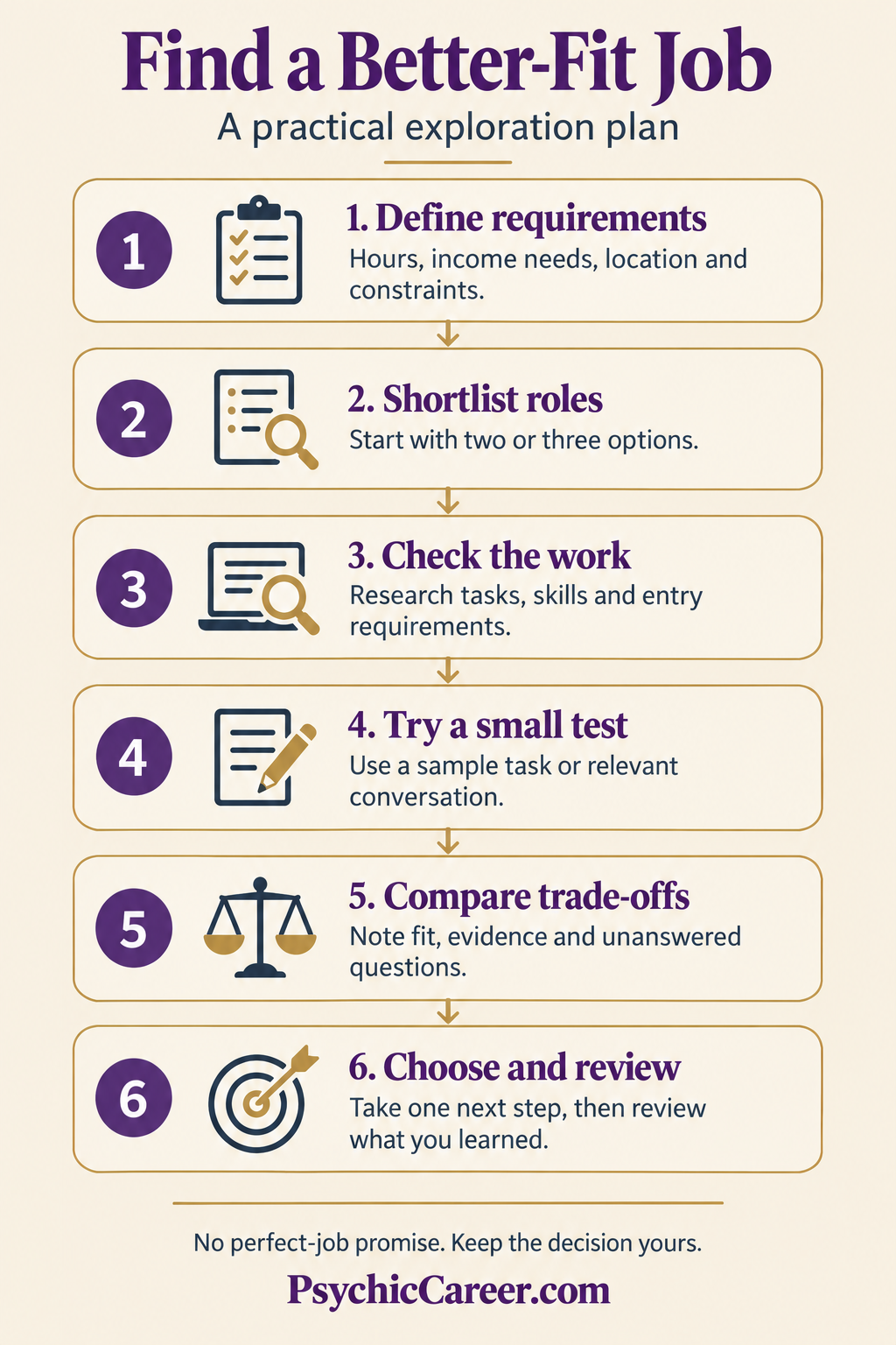 Six steps: define requirements, shortlist roles, check the work, try a small test, compare trade-offs, choose and review.