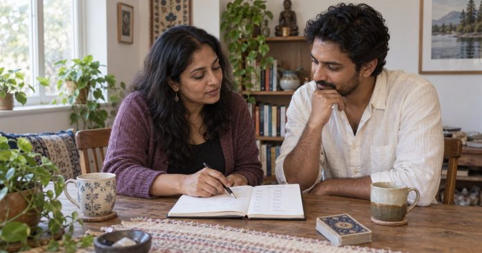 Career Obstacles: Review the Problem Without Diagnosing a Blocked Chakra Two adults discussing a weekly work schedule at a modest home table.