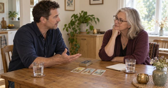 Discussing career questions in a home reading setting Man discussing a question with a reader at a home table with tarot cards and a notebook.