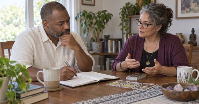 Man reviewing a notebook while speaking with a reader at an ordinary home table.