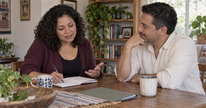 A woman preparing notes while another adult listens at a home table