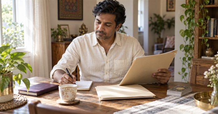 Building a career shortlist at home Man comparing folders and writing career notes at a home table with a closed tarot deck nearby