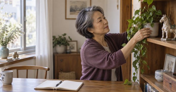 Personal career symbols in a home workspace Woman arranging a plant beside a ceramic horse figurine in a modest home workspace
