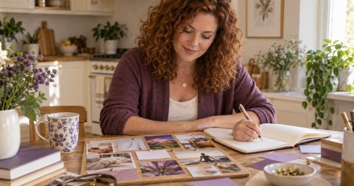 Turning a career vision into an action plan Woman making a small career vision board and writing in a notebook at a home table