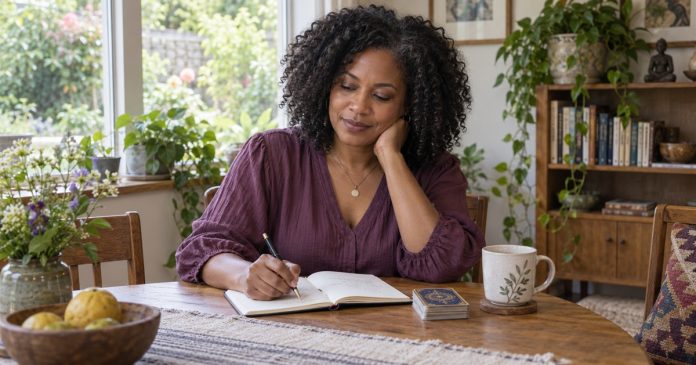 A woman considering her career priorities at a modest home table.