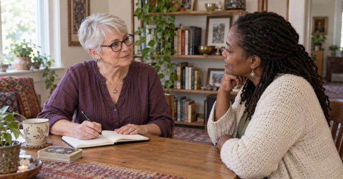 Channeling Claims: Keep Messages, Interpretation and Authority Separate Two women discussing a written reflection in a modest home reading space.