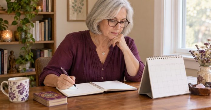 Checking a practical schedule Woman reviewing a calendar and notebook at her home desk.