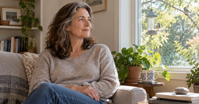A woman sitting by a sunny living-room window looking toward the yard.