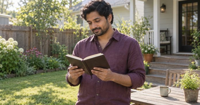 Reflecting on a clear question outdoors Man looking at an open notebook in an ordinary backyard.