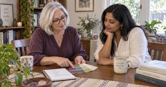 Discussing color interpretations at home Two women looking at color swatches at a home table.