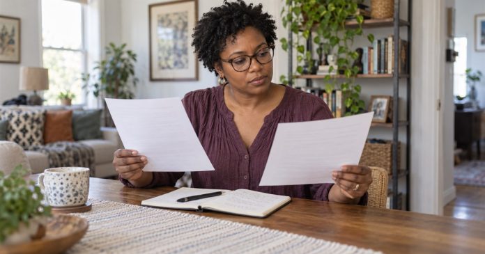 A woman comparing two job descriptions and notes at a home table