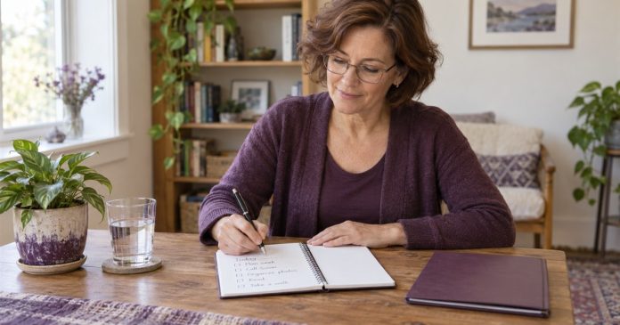 Woman with glasses writing a short task list at a modest home desk.