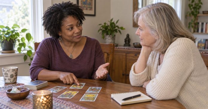Four Steps Before Offering Practice Readings Two women having a tarot practice discussion at an ordinary home table.