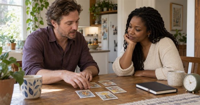 A consenting practice reading at home Man discussing a tarot spread with a woman at a home table beside a small clock