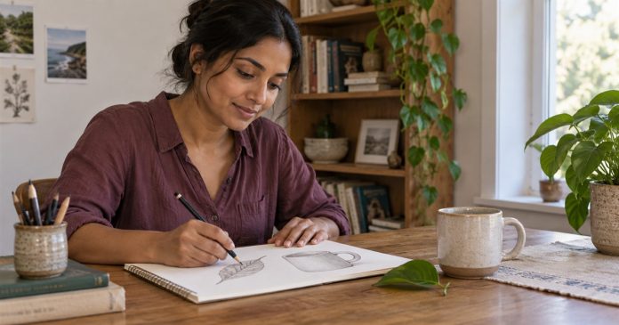 Seven Imagination Exercises: Explore Imagery Without Calling It Clairvoyance A woman sketching a leaf and mug at a modest home table.