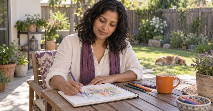 Woman sketching with colored pencils at a small table in her backyard.