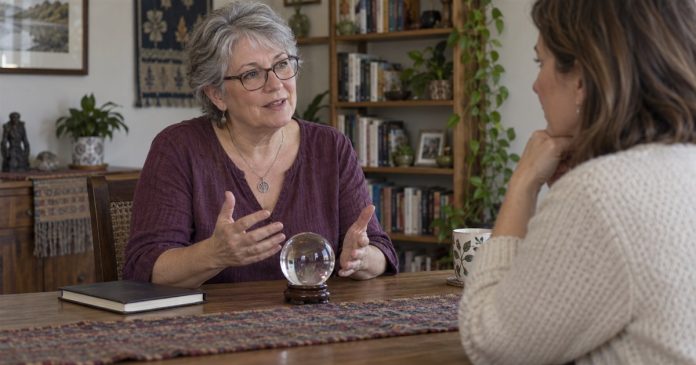 Reader and client talking beside a small glass ball on a stable stand away from direct sunlight