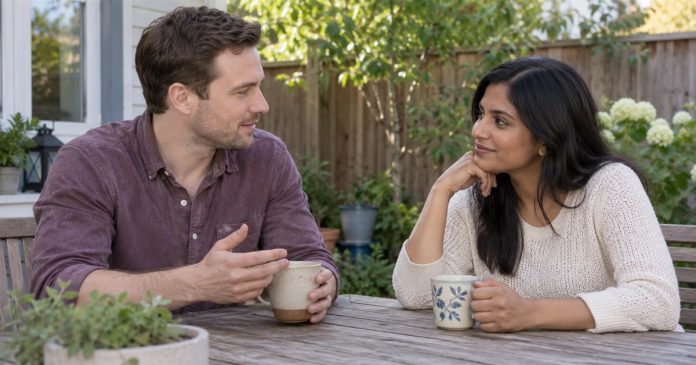 Two adults having a respectful conversation over mugs in a modest backyard patio