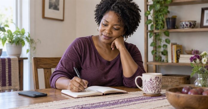 Writing a decision note without competing inputs Woman writing in a notebook with a phone face down on a home table