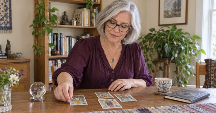 Reader studying tarot cards at a modest home table with a crystal sphere and notebook.