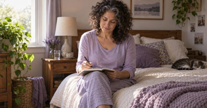 Woman sitting on her bed in morning light and writing in a notebook.