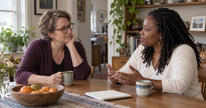 Supportive conversation with realistic limits Two women in a respectful conversation at an ordinary home table
