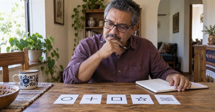 Man with glasses considering five symbol cards beside a notebook at home.