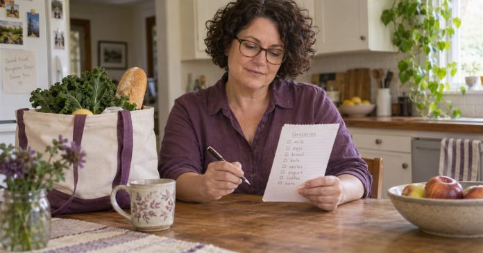 Keeping a useful everyday checklist Woman with glasses checking a shopping list beside a grocery tote at home.