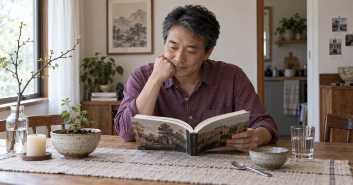 Wood, Fire, Earth, Metal and Water: Five-Phase Symbolism Without Personality Labels A man studying a cultural history book at home beside simple everyday objects.