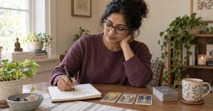 Woman writing a question in a notebook beside tarot cards at home.