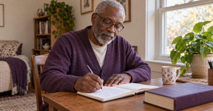 Older man with glasses writing observations in a notebook at home.
