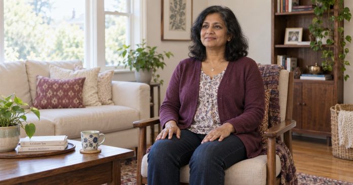 A comfortable quiet pause at home Woman seated comfortably in an ordinary chair with her eyes open in a home living room.