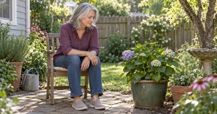 Grounding Before a Reading: A Simple Pause, Not an Energy Cure A woman taking an eyes-open pause beside plants in her modest backyard.