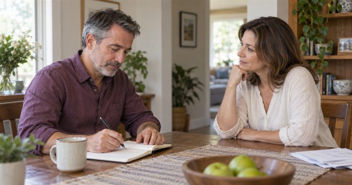 Separating a concern from a body-symptom explanation Man writing practical questions while talking with a woman at a modest home table