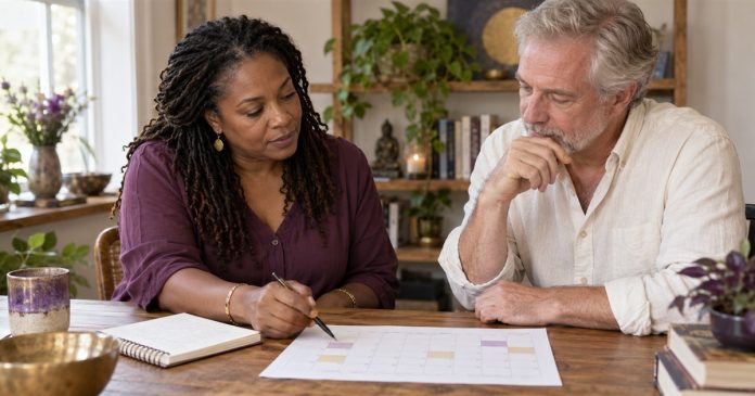 Respectful work planning Two adults discussing a schedule and notebook at a modest shared home workspace