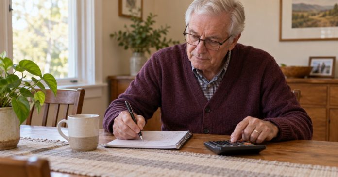 An older man reviewing a notebook and calculator at home.