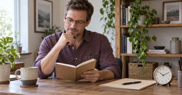 A man reviewing notebook entries beside a clock at a home desk